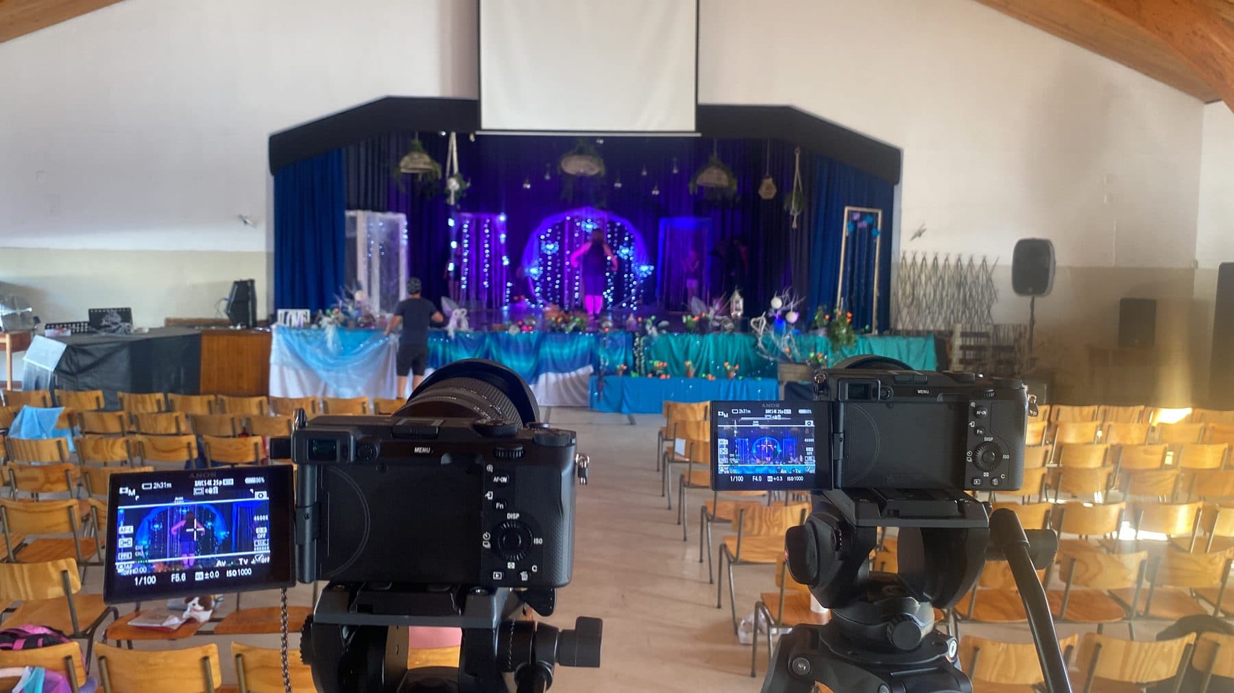 Stage lighting and camera coverage for a church production