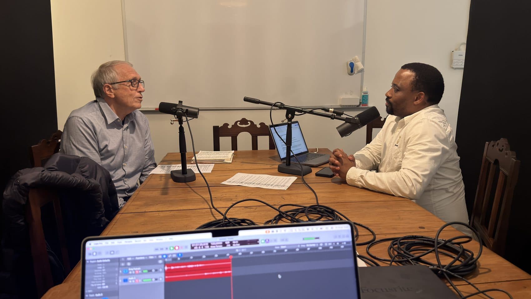 Podcast recording session at the table