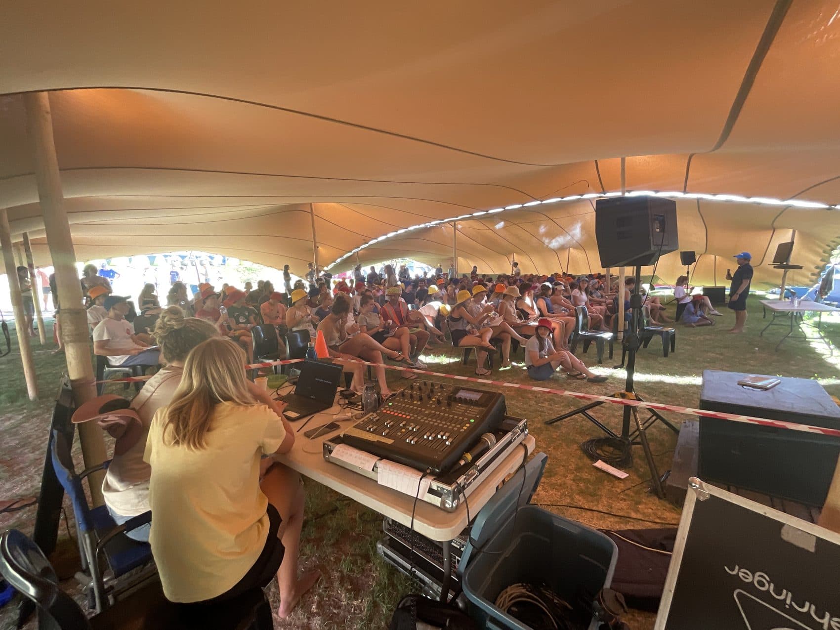 Front-of-house sound at an outdoor marquee event