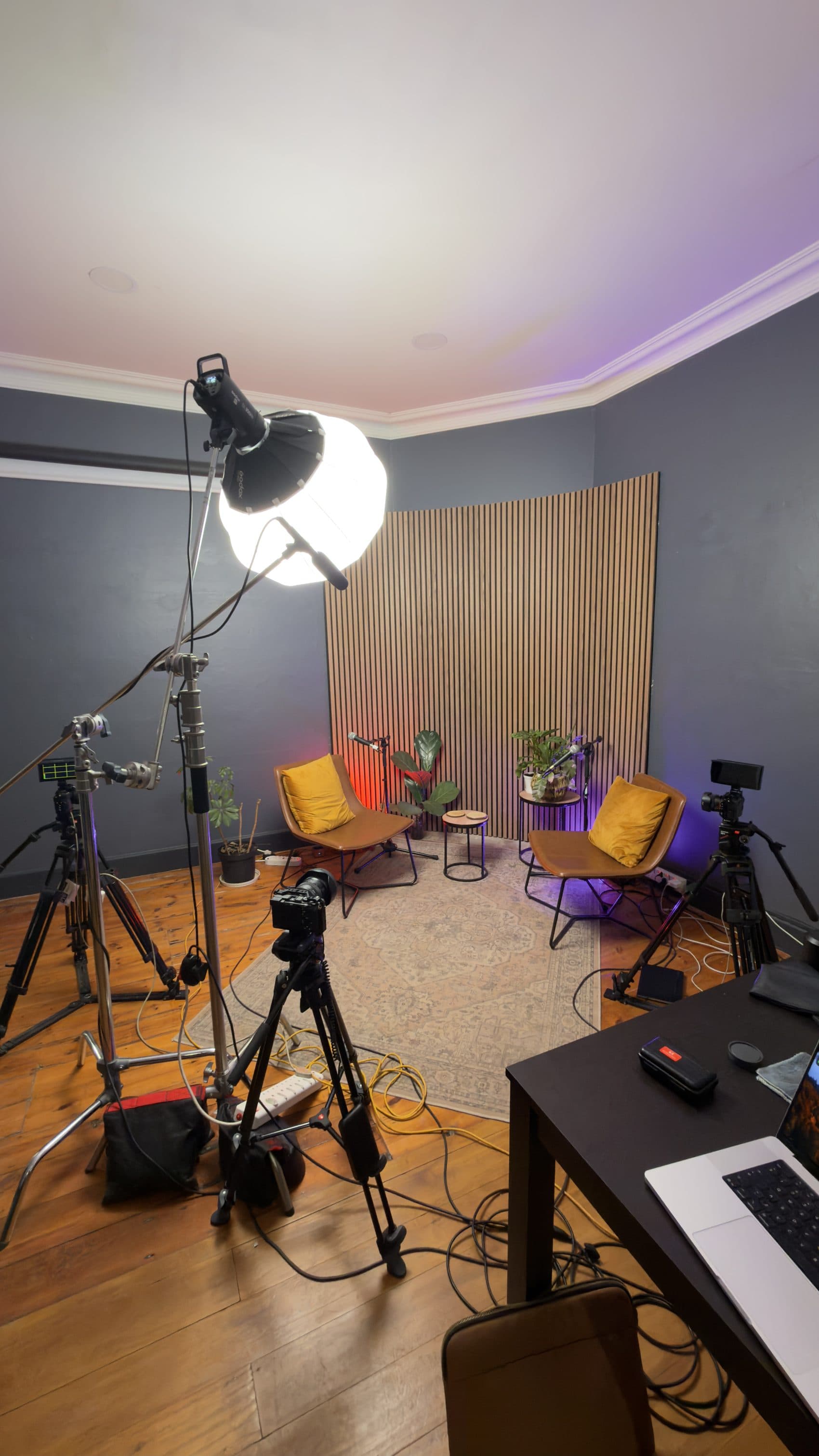 The studio lit and ready for a shoot